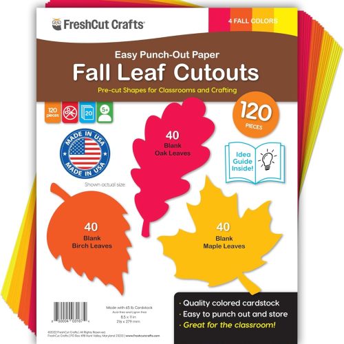 120 Pieces Fall Leaf Paper Cutouts with IDEA Guide, 2-Sided US Made Card Stock Punch Out Maple, Oak, and Birch Leaves for Bulletin Boards, Classroom Decor, Autumn Crafts, DIY Scrapbook, and Posters
