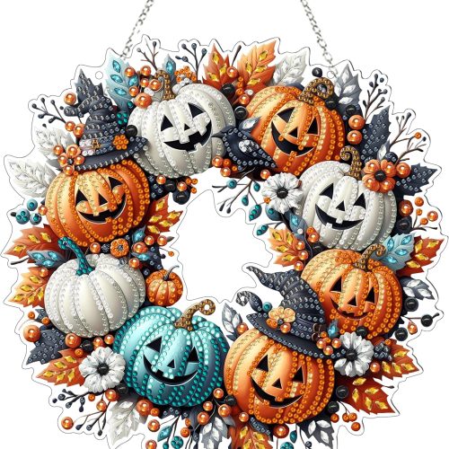 JJFox Diamond Art Hanging Kit for Adult,Special Shaped Rhinestone,Double Sided 5D DIY Acrylic Diamond Art Painting Window Pendants Home Garden Wall Hanging Kits Hanging Ornament (Halloween Pumpkin)