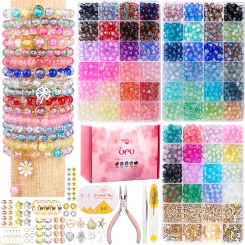 UFU 8mm Glass Beads Bracelet Making Kit, 1540+ Pcs 62 Colors Crackle Glass Beads for Jewelry Making, Round Crystal Beads for Bracelets Necklace Earrings DIY Crafts Gifts