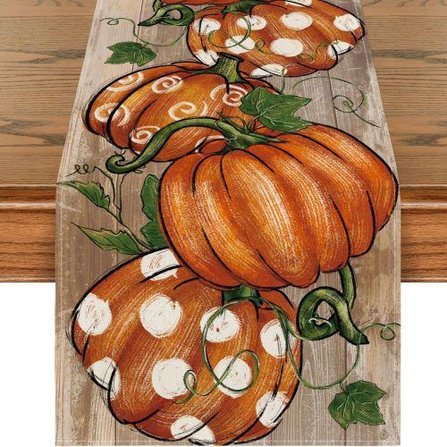 Polka Dot Pumpkins Vine Fall Table Runner, Seasonal Autumn Thanksgiving Kitchen Dining Table Decoration for Home Party Decor 13x72 Inch