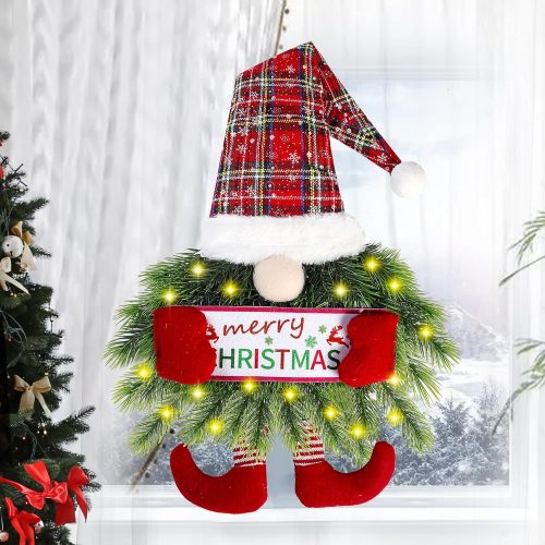 Sggvecsy Christmas Gnome Wreath with Lights Santa Gnome Christmas Hanging Sign Front Door Decoration Artificial Pine Spruce Wreath Swedish Tomte Wall Decor for Home Xmas Porch Indoor Outdoor