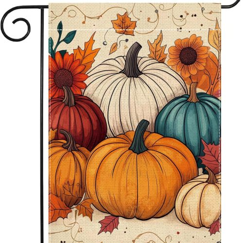 Fall Pumpkin Garden Flag 12x18 Inch Double Sided Thanksgiving Leaves Sunflower Yard Outdoor Flag House Holiday Outside Decoration Burlap