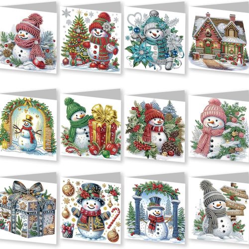 YOKUSHI 12 PCS Diamond Art Painting Christmas Greeting Cards with Envelopes, Snowman Craft DIY Card Making Kits for Adults Kids Gifts (White)