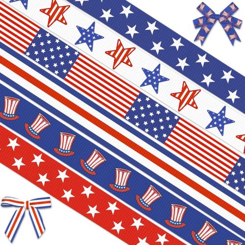 Threetols 6 Rolls 30 Yards Patriotic Veterans Day Ribbons, 3/8" Patriotic Star Grosgrain Ribbons Red White Blue Stripe Ribbons for America Flag Decoration Wrapping Craft Ribbon