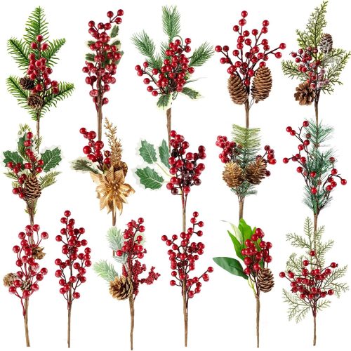 9-14 Inch Large Red Berry Pine Branches 16 Pack Assorted Pine Berries Branches Flower Pick for Christmas Wreath Festive Season Decor