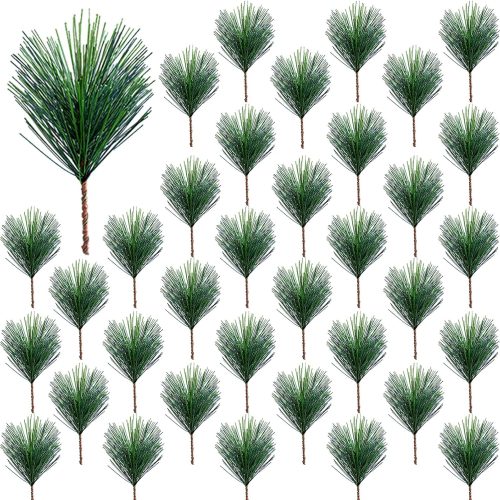 70 Pieces Artificial Pine Needles Branches 3.9 x 3.1 Inches Small Twigs Stems Picks Green Plants Fake Greenery for Christmas Garland Wreath Holiday Garden Decoration