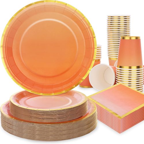Orange Plates and Napkins Party Supplies 200Pcs, Orange Party Decorations, Serve 50, Fall Paper Plates for Birthday Autumn Fall Decorations