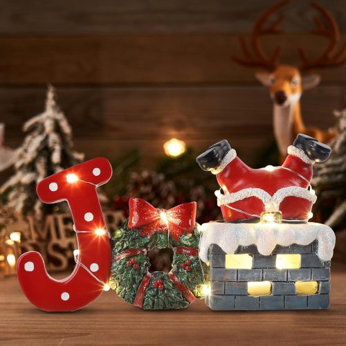 Prsildan Christmas Joy Table Decorations, LED Lights Santa Claus in The Chimney Figurine Ornament, Resin Christmas Tabletop Holiday Decor for Indoor Home Kitchen Office Xmas Party