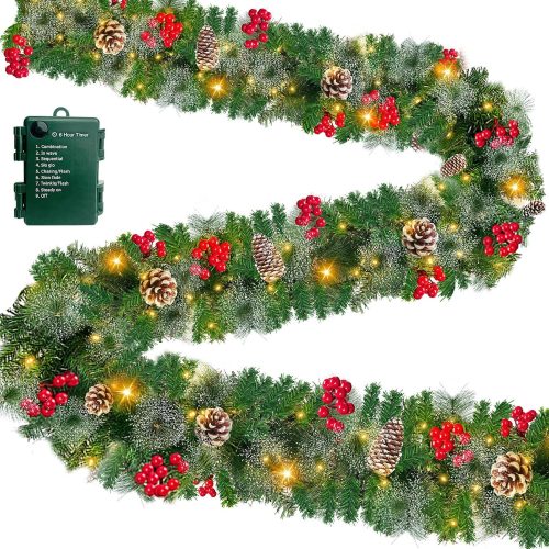 Timer & 8 Modes 9 Ft Prelit Christmas Garland 50 LED Warm White Lights Xmas Cedar Garland Battery Operated 270 Thick Branch Bristle Pine 70 Red Berries 10 Pinecones Mantle Home Decor Indoor Outdoor