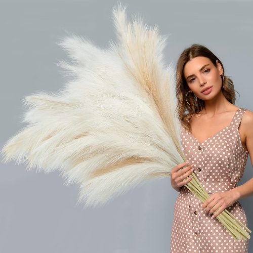 1 8 Pcs Faux Pampas Grass Decor 38''/97cm Tall Artificial Large Pompous Pompas Floral Fluffy Fake Plants Floor Vase Filler for Wedding Kitchen Home Boho Decorations, Mixed Beige