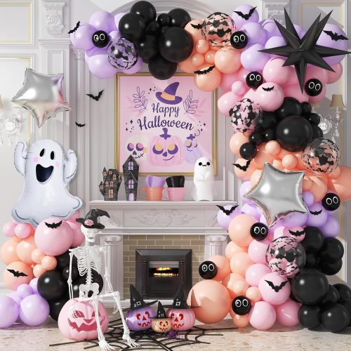 Halloween Balloon Garland Arch Kit, Black Purple Pink Halloween Baby Shower Latex Balloons with 3D Bat Ghost Witch Mylar Foil Balloons Set for Happy Halloween Birthday Decoration Indoor Outdoor