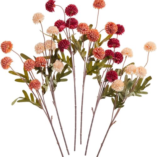SITUMEIZI Fall Faux Silk Pompon Mum Artificial Burnt Orange Flowers Fake Mini Chrysanthemum Flowers Mums 6Pcs for Fall Home Party Wedding Decorations