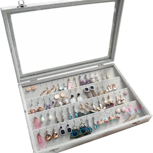Wudygirl Velvet Jewelry Organizer Clear Lid Earring Holder Organizer 32 Pairs Earrings Storage Stud Tray Showcase Display Case（Earring Storage）