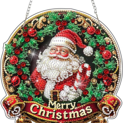 DOMROM Santa Claus Diamond Art Painting Hanging Kit for Adults Beginners, Christmas Day Special Shape Diamond Art Kits, 5D Rhinestones Diamond Gem Art Painting for Home Garden Wall Decor