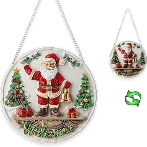 Yunzlly Christmas Hanging Diamond Art Ornament Kit Welcome Sign, Special Crystal Double Sided Diamonds Painting Pendant Kit for Adults Santa Claus, DIY Acrylic Gem Painting Board Kit