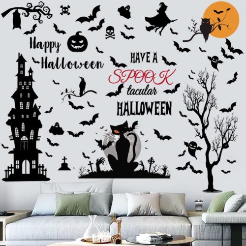 Halloween Wall Decals - Tall Ancient Castle Bats Decor for Home, Window, Kids Room, Nursery - Party Supplies