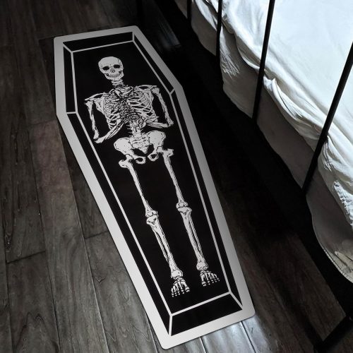 Halloween Coffin Skeleton Bat Runner Rug for Hallway, Kitchen, Indoor Outdoor - Black Non-Slip Washable With Rubber Back, 20 x 59 Inch