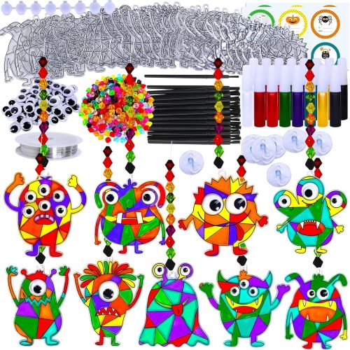 Winlyn 27 Sets Halloween Craft Kits Fall Crafts Monster Suncatchers Ornaments Decorations DIY Window Paint Art Suncatchers Hanging Monster Sun Catchers for Kids Classroom Party Activities