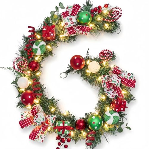 Valery Madelyn 6 Feet Pre-Lit Christmas Garland with Lights for Mantle, Lighted Outdoor Xmas Garland with Red Green White Balls & Bows for Home Stairs Fireplace Table Centerpiece Indoor Holiday Decor