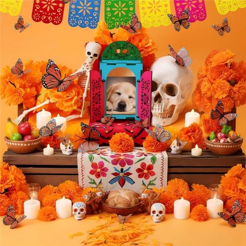 Chunful 28 Pcs Dia De Los Muertos Ofrenda Altar Decorations, Wooden Shadow Box and Felt Picado Banner, Marigold Butterfly LED Candles Painting Tools for Day of The Dead Altar Kit Remembrance Supplies