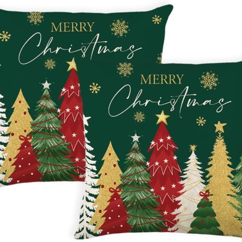 Green Christmas Pillow Covers 20 x 20 Inch Set of 2 Colorful Christmas Trees Gold Snowflake Throw Pillow Covers Xmas Winter Holiday Decorative Pillow Covers Cushion Cases for Sofa Couch