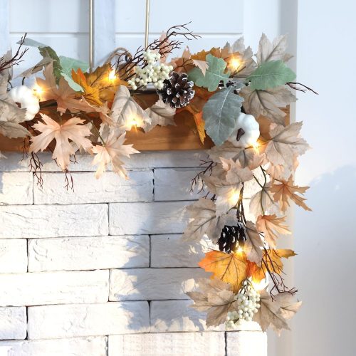 6 FT Fall Garland for Mantle with Lights Neutral Fall Decor Garland with Pumpkins Berries Cones Halloween Thanksgiving Christmas Garland for Fireplace Table Porch Outdoor - 1Pack