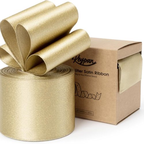 Gold Satin Wired Ribbon 1-1/2 Inch Double-Faced Glitter Ribbons for Wreath, Christmas Tree Decoration, Gift Wrapping, Home Decor 10 Yards