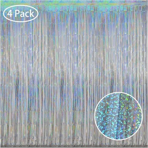 Melsan Silver Foil Curtain Tinsel Backdrop, 3.2 ft x 8 ft Tinsel Foil Fringe Curtains Backdrop, Sparkle Metallic Foil Curtains for Party Photo Booth Decoration - 4 Packs