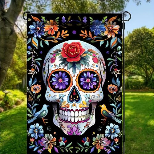 Day of the Dead Garden Flag Double-Sided 12x18 Inch Skull Welcome Floral Yard Flag Mexican Gothic Skeleton Flowers Birds Garden Flags Fiesta Dia DE Los Muertos House Banner Decorative Flag