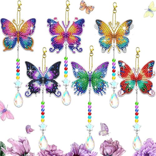 JeCuiK 6 Pcs Butterfly Diamond Art Kits for Adults Beginner DIY Diamond Art Suncatchers Wind Chimes Small Diamond Painting Kits Arts and Crafts for Adults Gem Paint by Numbers Hanging Ornament