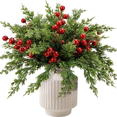 60 Pcs Christmas Artificial Pine Branches with Red Berry Stems, 10.5" Faux Evergreen Norfolk Pine Cypress Leaves Stems, Fake Foliage Pine Needles Picks for DIY Craft Garland Home Decor