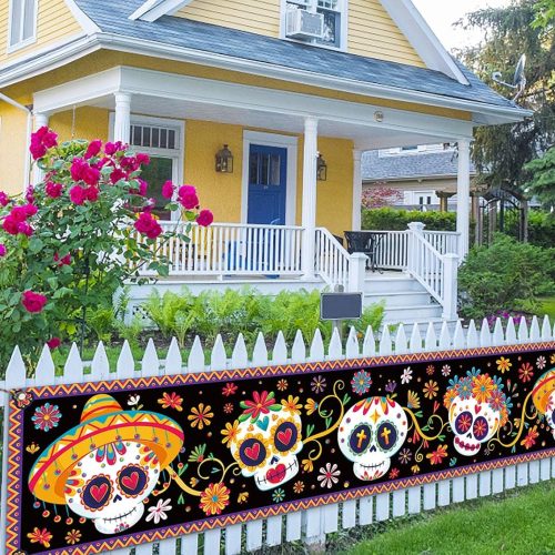 Day of The Dead Fence Banner Dia De Los Muertos Sugar Skull Mexican Holiday Photo Booth Backdrop Outdoor Decoration