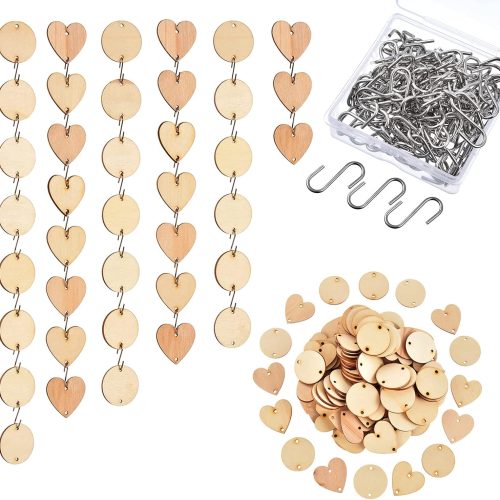 Hicarer 240 Pcs Wooden Circle Set 120 Pcs Wooden Heart Round Tags with Holes 120 Pcs S Shaped Hook Connectors Wood Ornaments for Birthday Chore Board