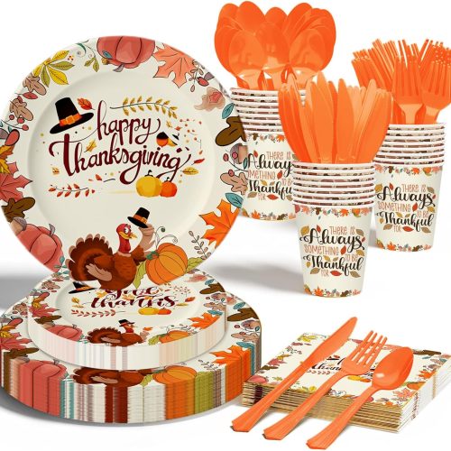 Thanksgiving Fall Party Supplies, 168 PCS Thanksgiving Disposable Dinnerware Set with Autumn Maple Leaves Pumpkin Include Paper Plates Napkins Cups Knives Forks Spoons for Harvest Celebrations