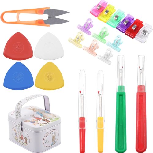 Swpeet 108Pcs Sewing Tools Kit, 10Pcs Professional Tailor's Chalk and 4Pcs Seam Ripper with 100Pcs Plastic Quilting Clips and Snip Scissor Assortment Kit, Thread Remover for Sewing Marking