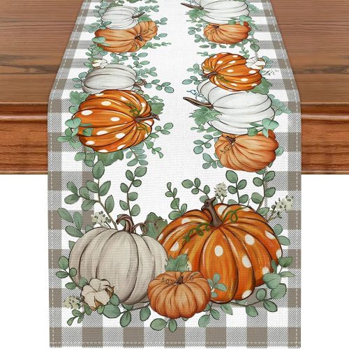 Fall Table Runner, Kaluofan 2024 Table Runner 13"x72", Thanksgiving Table Runner, Fall Decorations for Home, Grid Pattern Around Various Pumpkin for Dining Table Decorations