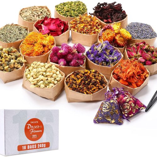 15g/Bag Dried Flowers,100% Natural Dried Flowers Herbs Kit for Soap Making, DIY Candle Making,Bath - Include Rose Petals,Lavender,Don't Forget Me,Lilium,Jasmine,Rosebudsand More(16 Bags)