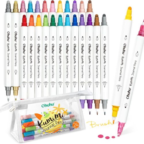 Ohuhu Journal Pens 24 Colors Dot Markers Dual Tips (Calligraphy Brush & Dot) for Adults Water-based Metallic & Regular Colors Dot Pens for Lettering Journal Scrapbooking Coloring Markers - Kumimi