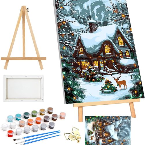 SENQAO Framed Paint by Numbers Kit for Adults, Christmas Easy Paint by Number Kit with Frame, Watercolor Adult Paint by Number Framed Canvas 7.8x11.8in