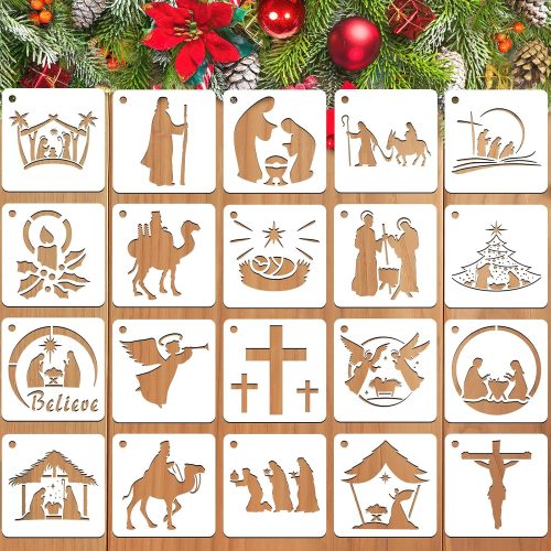 JULMELON Christmas Stencils - 20 Pcs Reusable Nativity of Jesus & Religious Scene Stencils for Painting on Wood, Fabric & Canvas