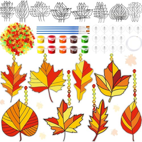Huwena 32 Sets Thanksgiving Suncatchers DIY Window Paint Art Suncatchers Fall Craft Kits Pumpkin Maple Leaf Sun Catchers Painting Kits for Thanksgiving Autumn Party Art Project(Maple Leaf)