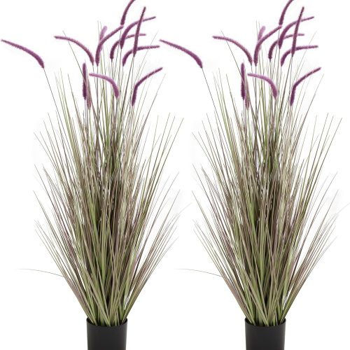 KOL Artificial 5ft 2-Pack Horsetail Reed Grass, 59in Tall Artificial Indoor Outdoor Fake Grass Plant, Home Office Décor Artificial Plants in Pot Faux Plant Greenery, Wedding Decor, Purple