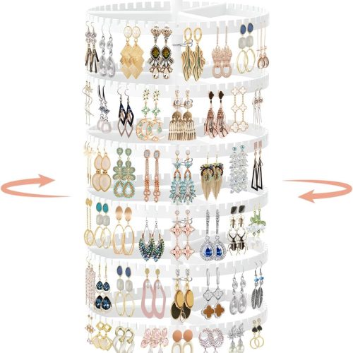 iDavosic.ly 6 Tier Rotating Earring Holder Organizer with Metal Tray, Adjustable Plastic Dangle Display Stands Tree with 342 Grooves, Large Hoop Storage Rack Tower, White