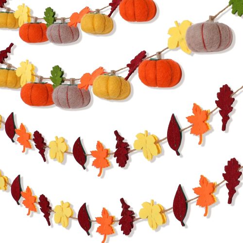 2 Pcs Thanksgiving Felt Pumpkin Garland Maple Leaves Fall Felt Garland for Mantle Fall Halloween Thanksgiving Autumn Indoor Outdoor Decoration