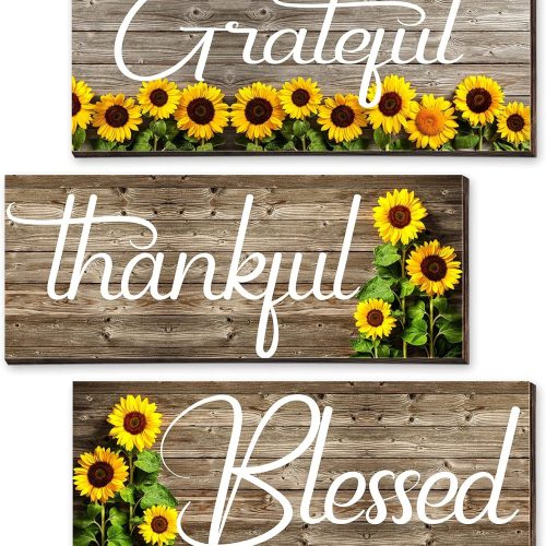 Nuanchu 3 Pcs Sunflower Thankful Grateful Blessed Wall Decor Art Signs Wooden Hanging Wall Plaques Sunflowers Prints Decor for Thanksgiving Bathroom Bedroom Kitchen(10 x 4 x 0.2 Inch,White Words)