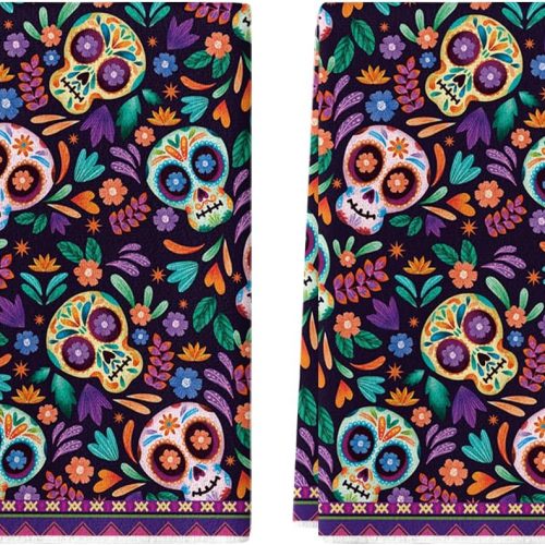 Artoid Mode Sugar Skull Day of The Dead Kitchen Towels Dish Towels, 18x26 Inch Daisy Flower Mexican Decor Hand Towels Set of 2