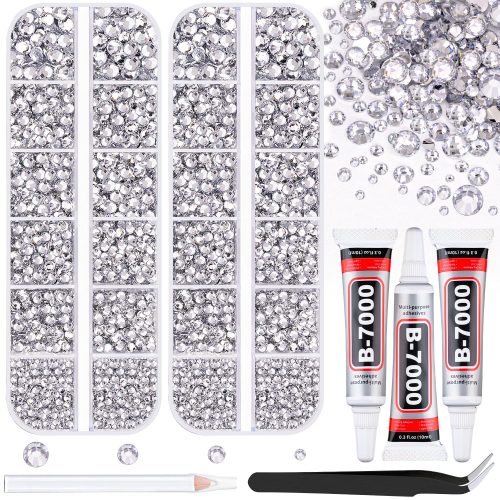 12100Pcs Silver Clear Rhinestones for Crafting with B7000 Jewelry Glue, 2 Boxes Resin Flatback Crystals Diamonds for Bedazzling Crafts DIY Clothing Shoes，Gems for Nail Art Makeup