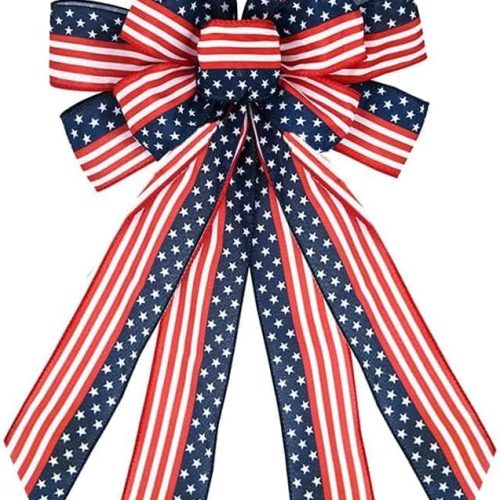 Large Veterans Day Bows for Wreath, Patriotic Wreath Bows Red Blue Burlap Ribbon American Flag Stars Bow Memorial Day Decoration Tree Bow for Front Door Supplies