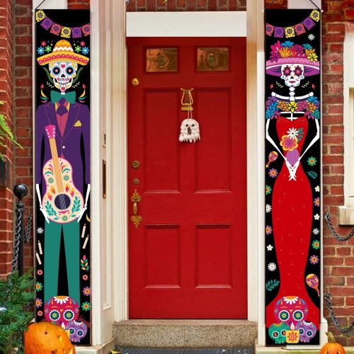 2 Pieces Day of The Dead Decorations Porch Sign Door Banner, Dia De Los Muertos Decor Mexico Party Decorations for Altar,, Halloween Welcome Hanging Flag Indoor Outdoor Decor for Front Door 11.8x70.9
