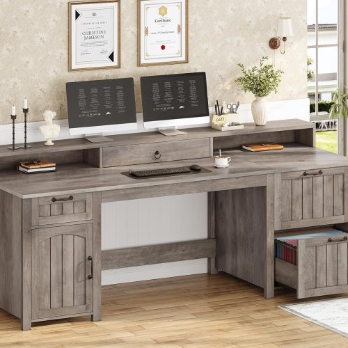 1 Farmhouse 63" Executive Desk, Wood Computer Desk with Drawers and Storage Cabinet, Home Office Desk with File Drawer and Monitor Stand, Wood Desk for Work Study Writing, Grey